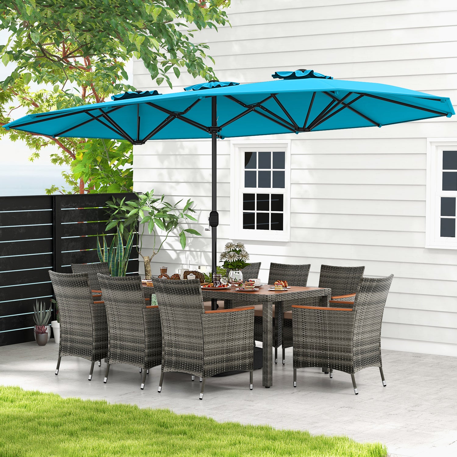 10 Pieces Patio Wicker Dining Set with 15 Feet Double-Sided Patio Umbrella
