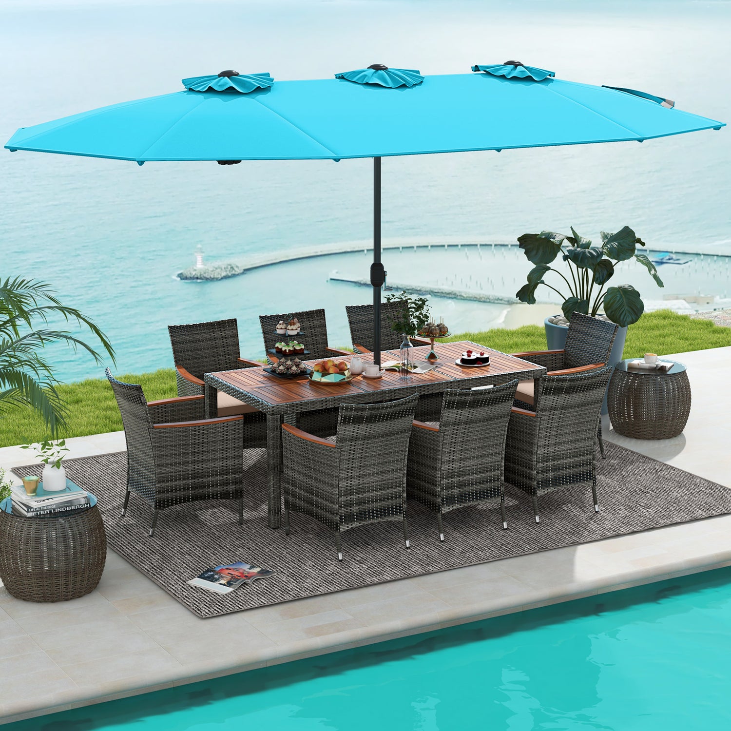 10 Pieces Patio Wicker Dining Set with 15 Feet Double-Sided Patio Umbrella