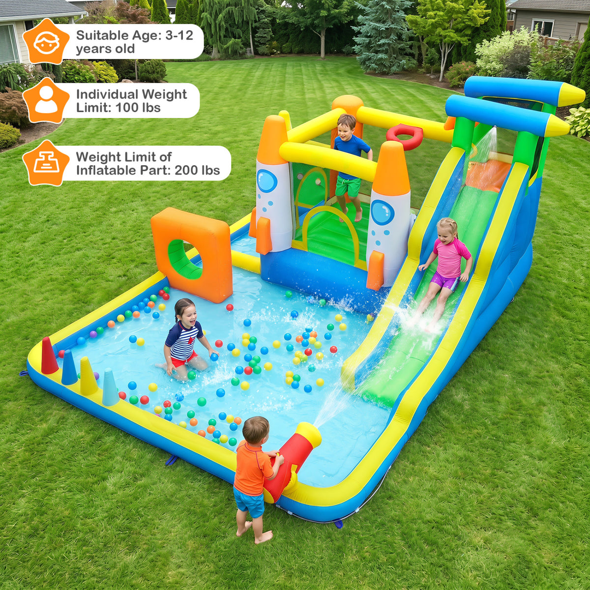 10-in-1 Inflatable Bounce House with Water Slide for Kids without Blower