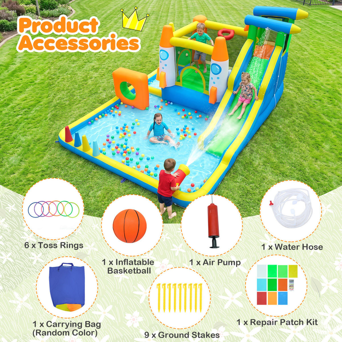 10-in-1 Inflatable Bounce House with Water Slide for Kids without Blower