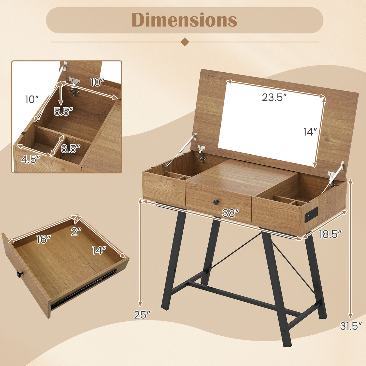 Vanity Desk with Flip Top Mirror Makeup Dressing Table-Rustic Brown