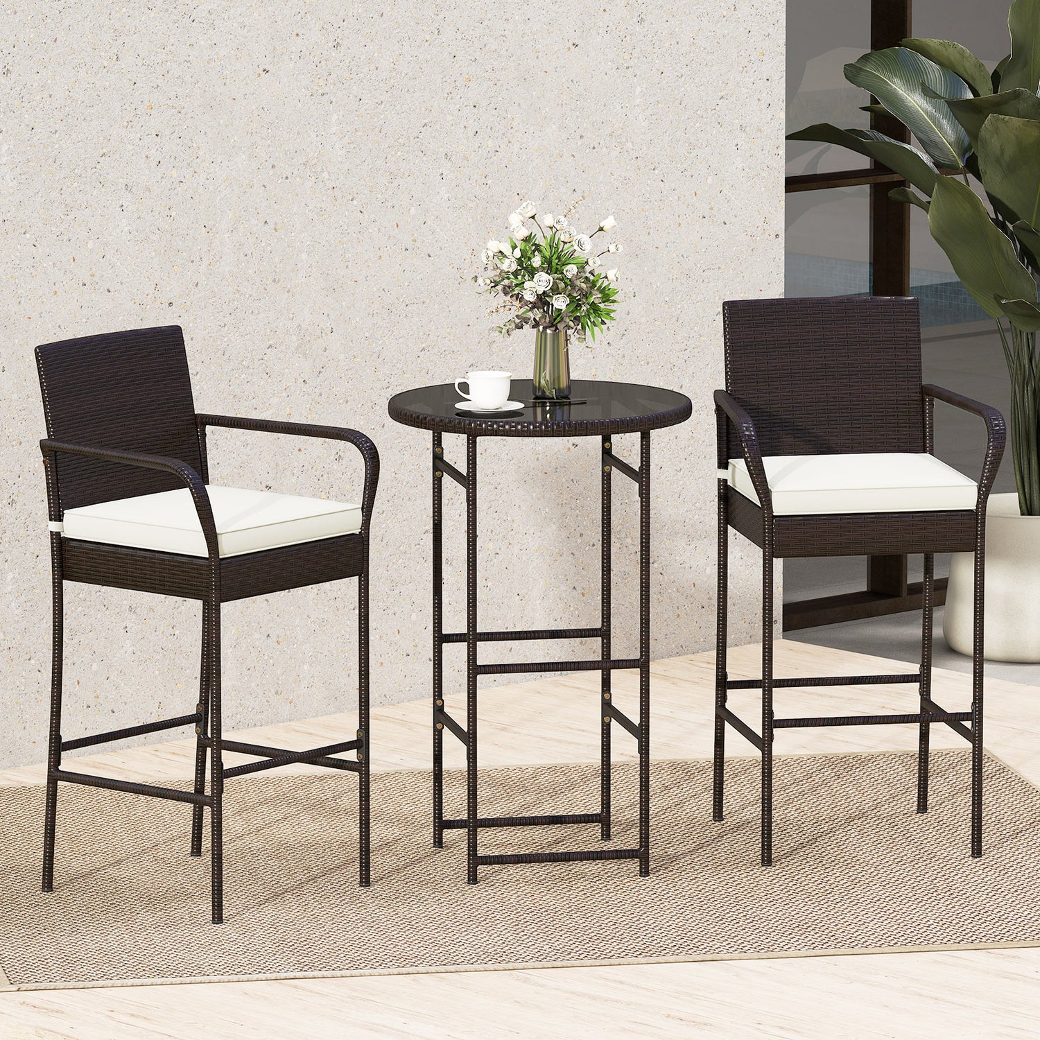 3 Piece Outdoor Bar Set with 2 Seat Cushions for Porch Yard-White