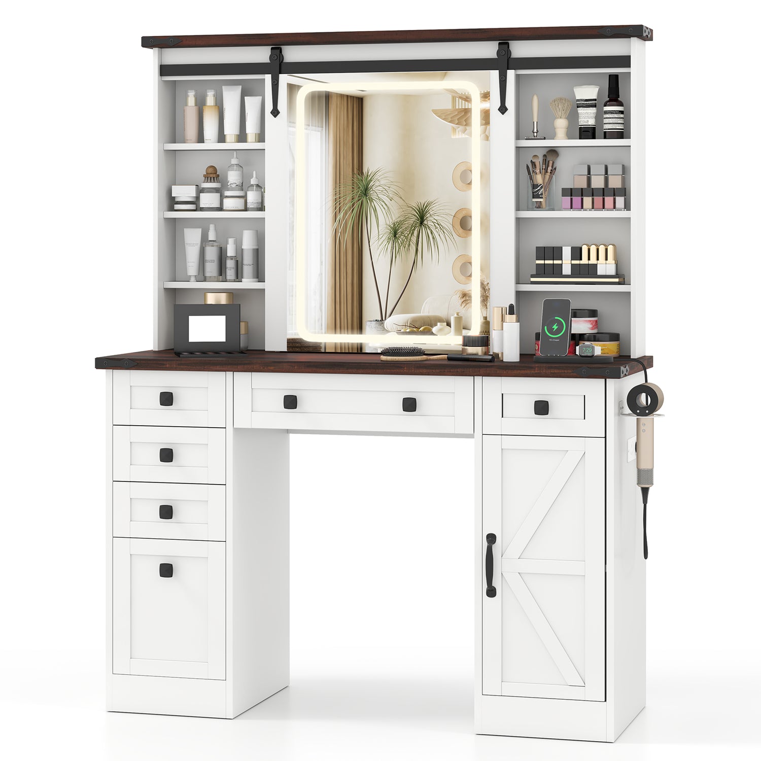Farmhouse Vanity Desk with Barn-Style Sliding Mirror and 3 Lighting Modes-White