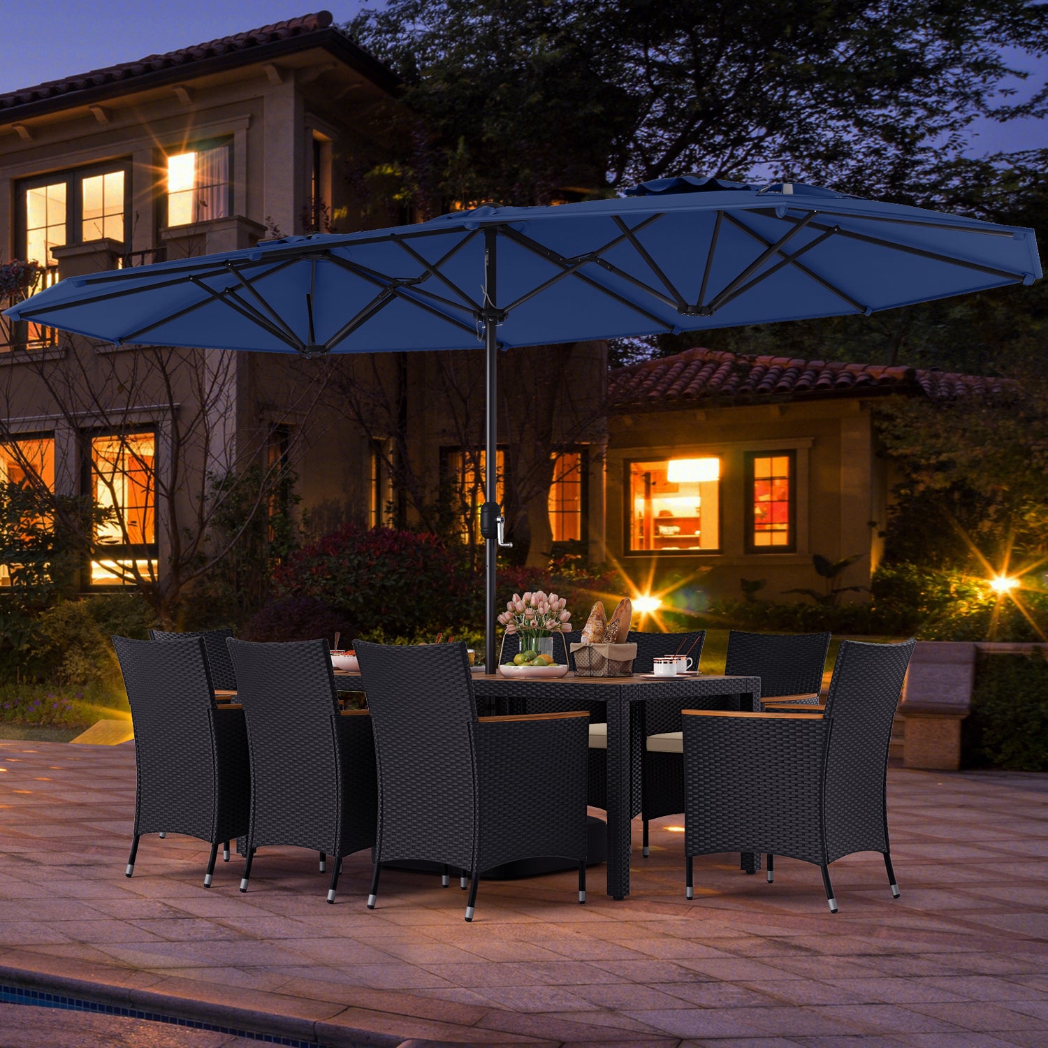 10 Piece Outdoor Dining Set with 15 Feet Double-Sided Twin Umbrella