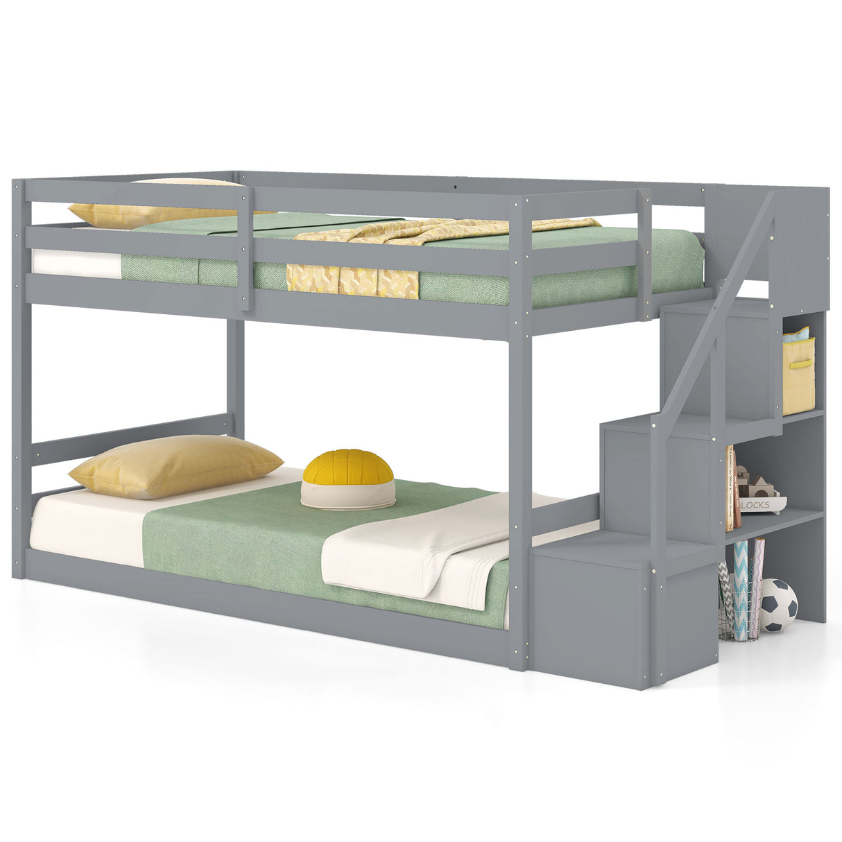 Twin Over Twin Low Bunk Bed with Storage Stairs Solid Wood Floor Bunk Bed Frame