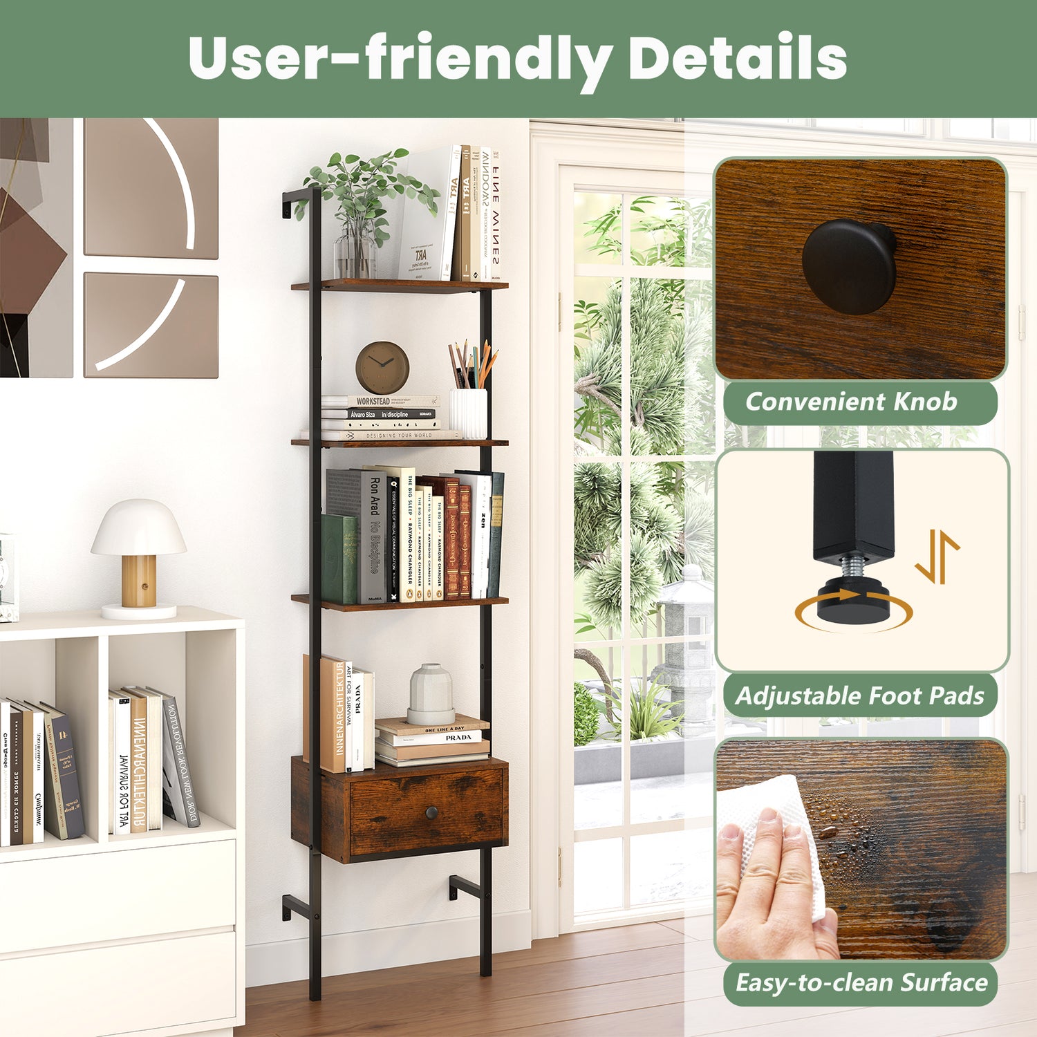 5-Tier Ladder Bookcase with Drawer and Metal Frame for Study Home Office-Rustic Brown