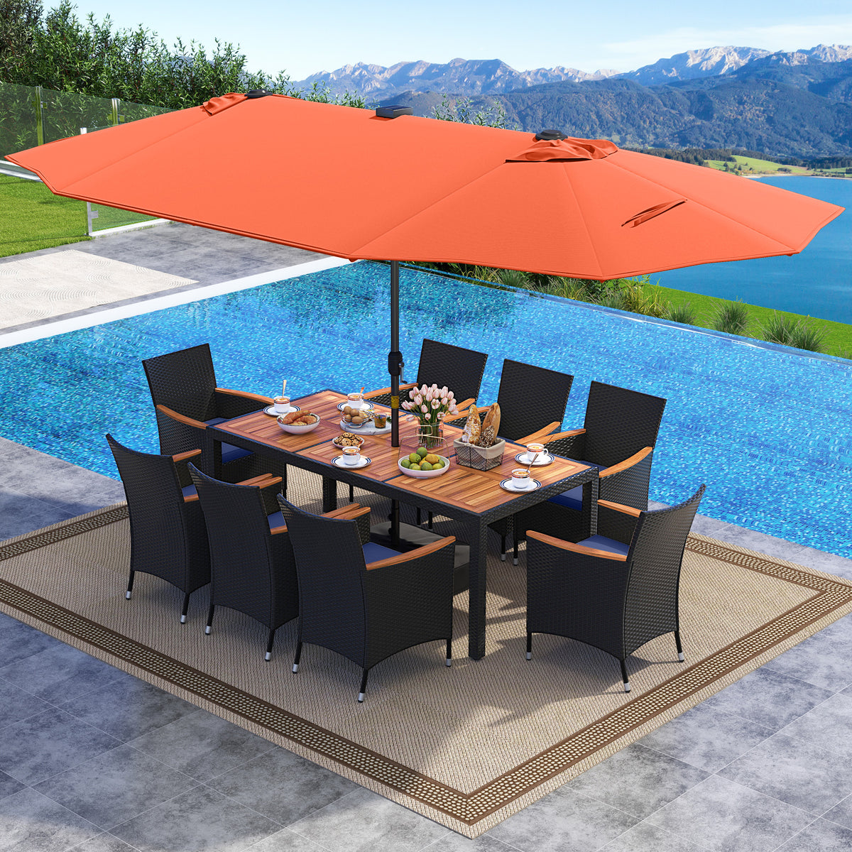 11 Pieces Patio Dining Set with LED Patio Umbrella with Base and Seat Cushions (Navy)
