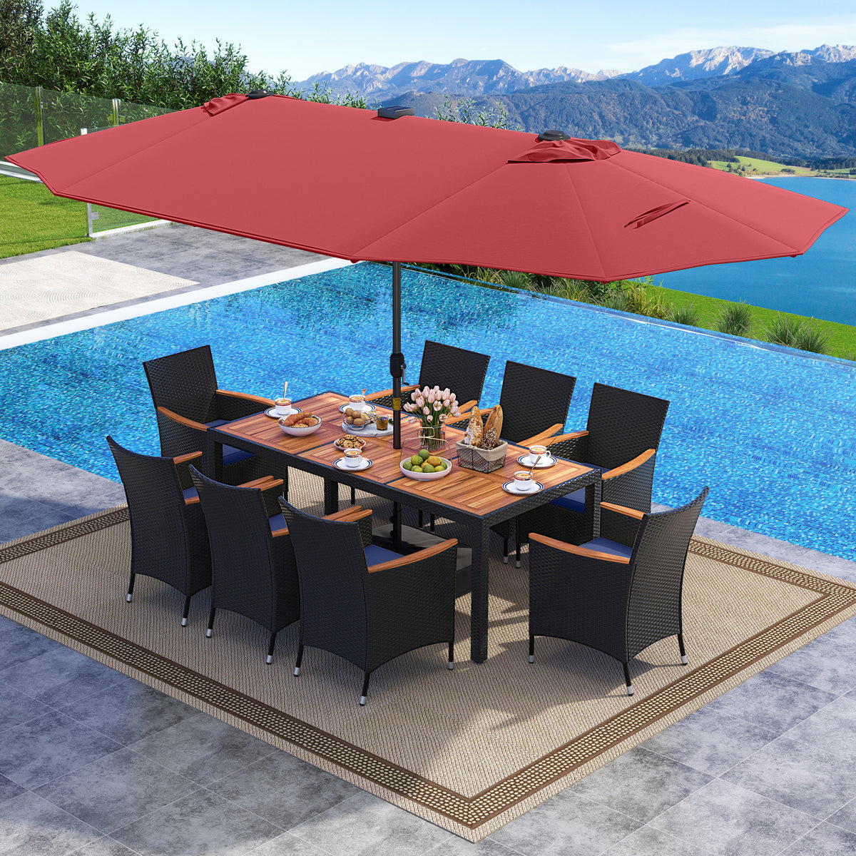 11 Pieces Patio Dining Set with LED Patio Umbrella with Base and Seat Cushions (Navy)