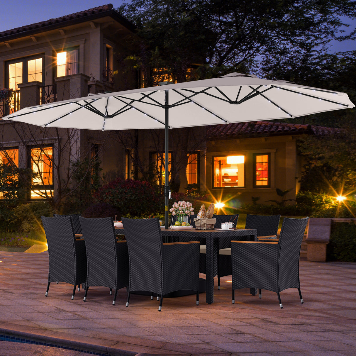 11 Pieces Patio Dining Set with LED Patio Umbrella with Base and Seat Cushions (Beige)