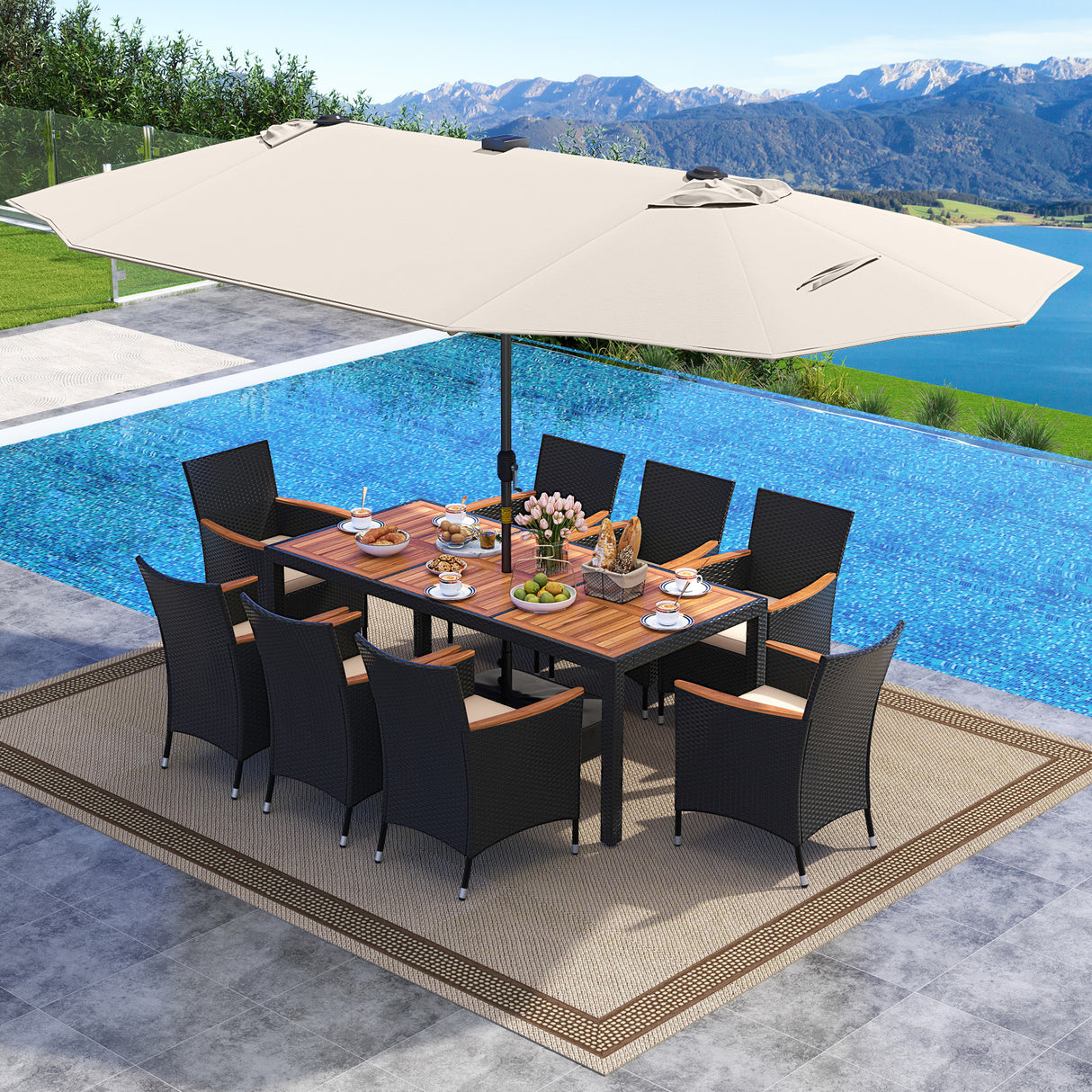 11 Pieces Patio Dining Set with LED Patio Umbrella with Base and Seat Cushions (Beige)