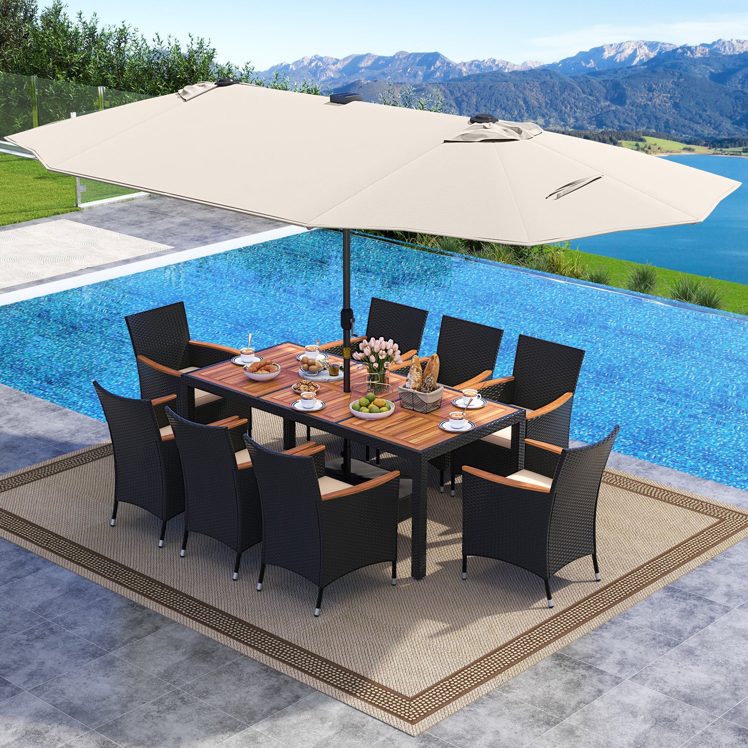 11 Pieces Patio Dining Set with LED Patio Umbrella with Base and Seat Cushions (Beige)