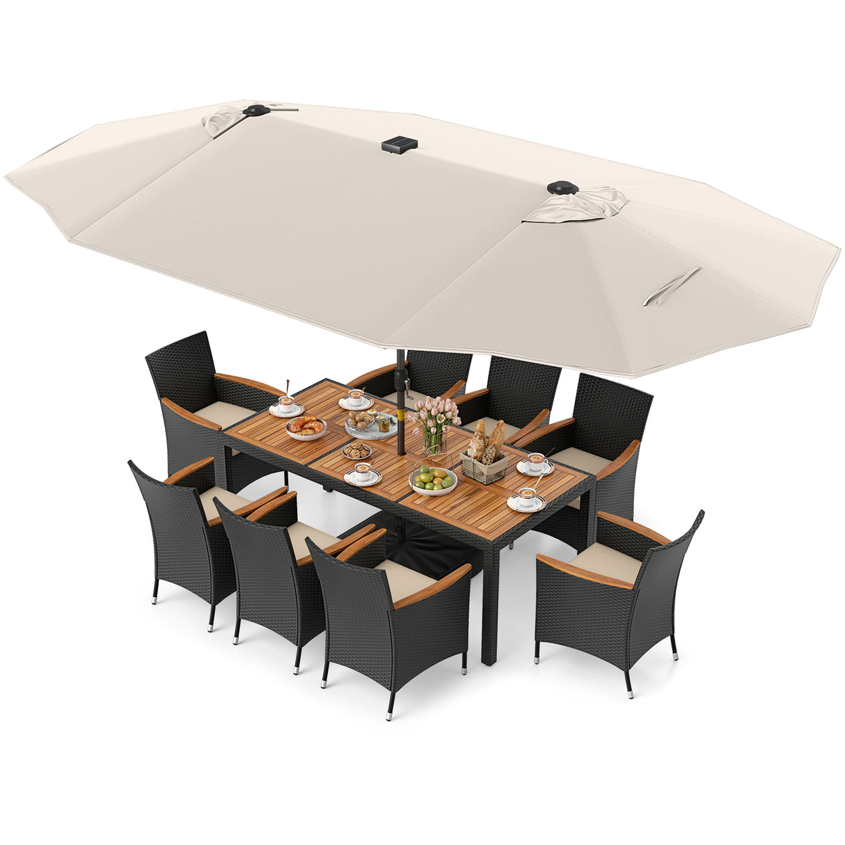 11 Pieces Patio Dining Set with LED Patio Umbrella with Base and Seat Cushions (Beige)