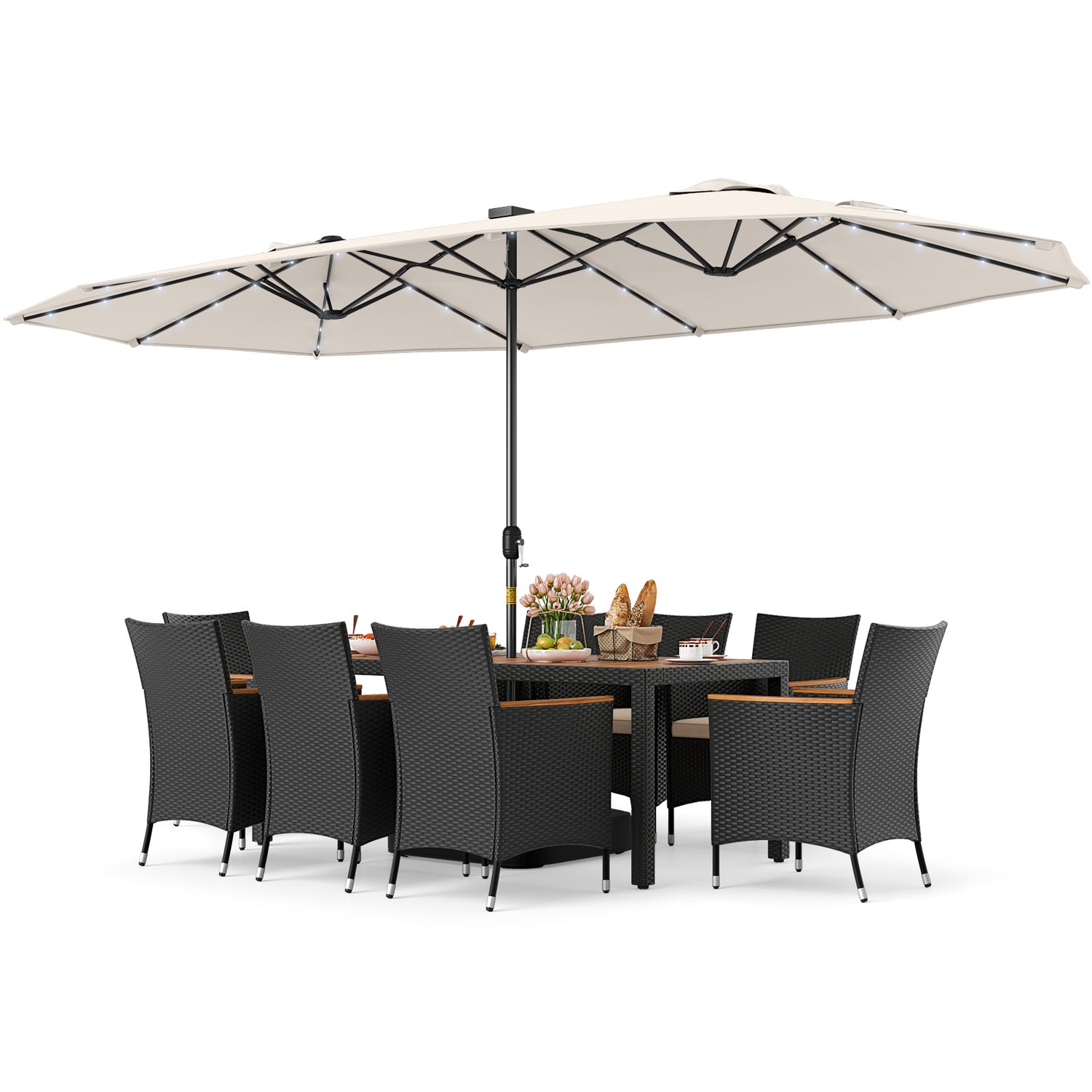 11 Pieces Patio Dining Set with LED Patio Umbrella with Base and Seat Cushions (Beige)