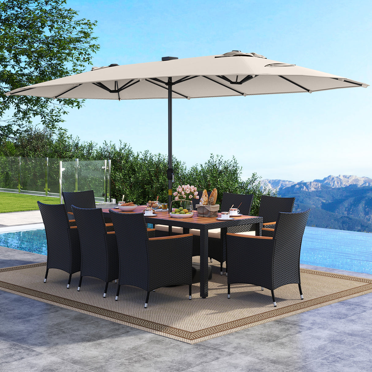 11 Pieces Patio Dining Set with LED Patio Umbrella with Base and Seat Cushions (Beige)