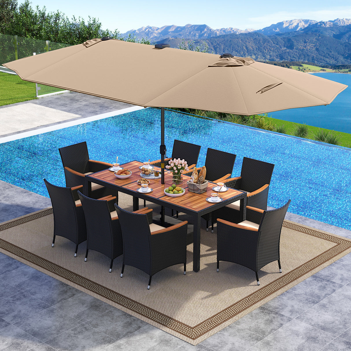 11 Pieces Patio Dining Set with LED Patio Umbrella with Base and Seat Cushions (Beige)