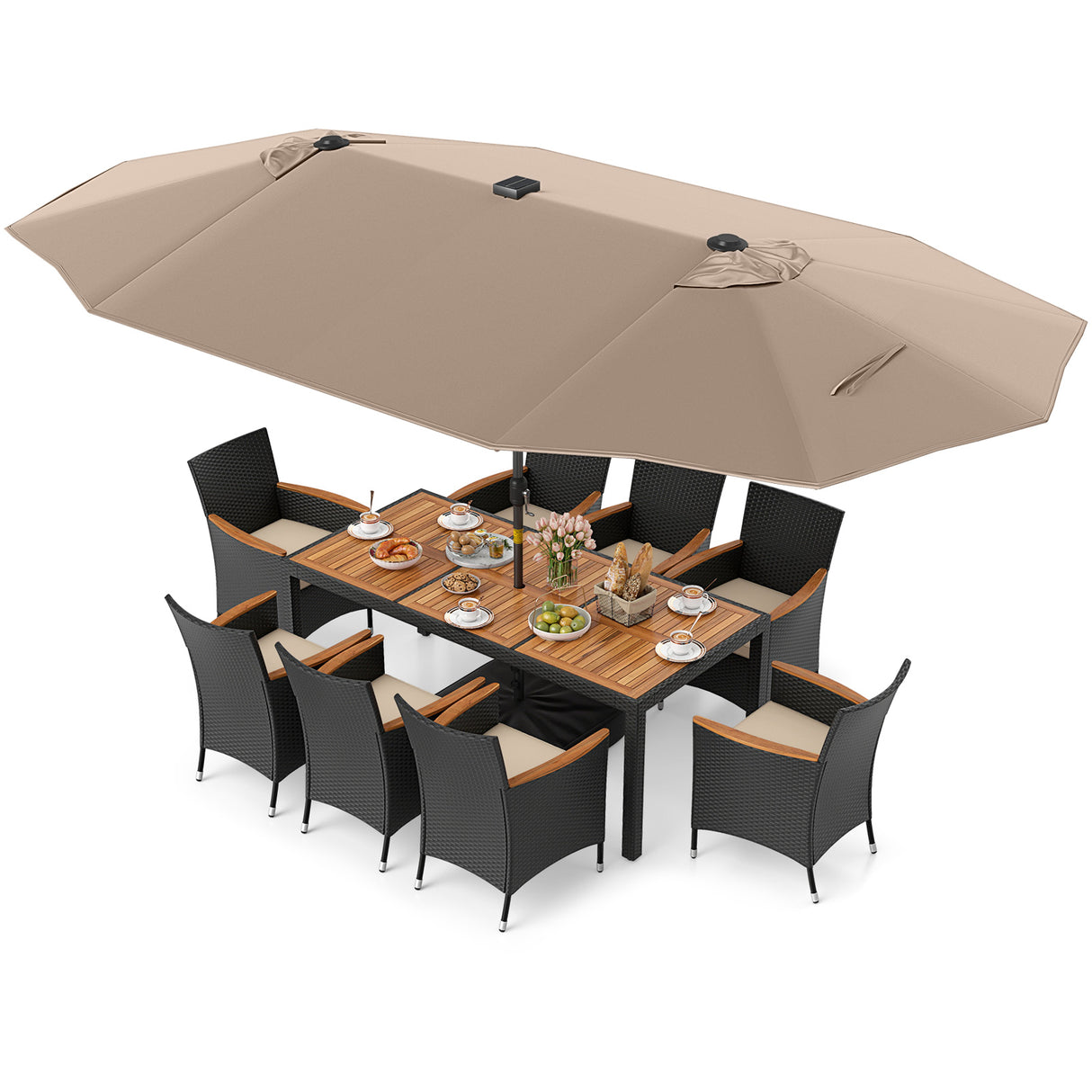 11 Pieces Patio Dining Set with LED Patio Umbrella with Base and Seat Cushions (Beige)