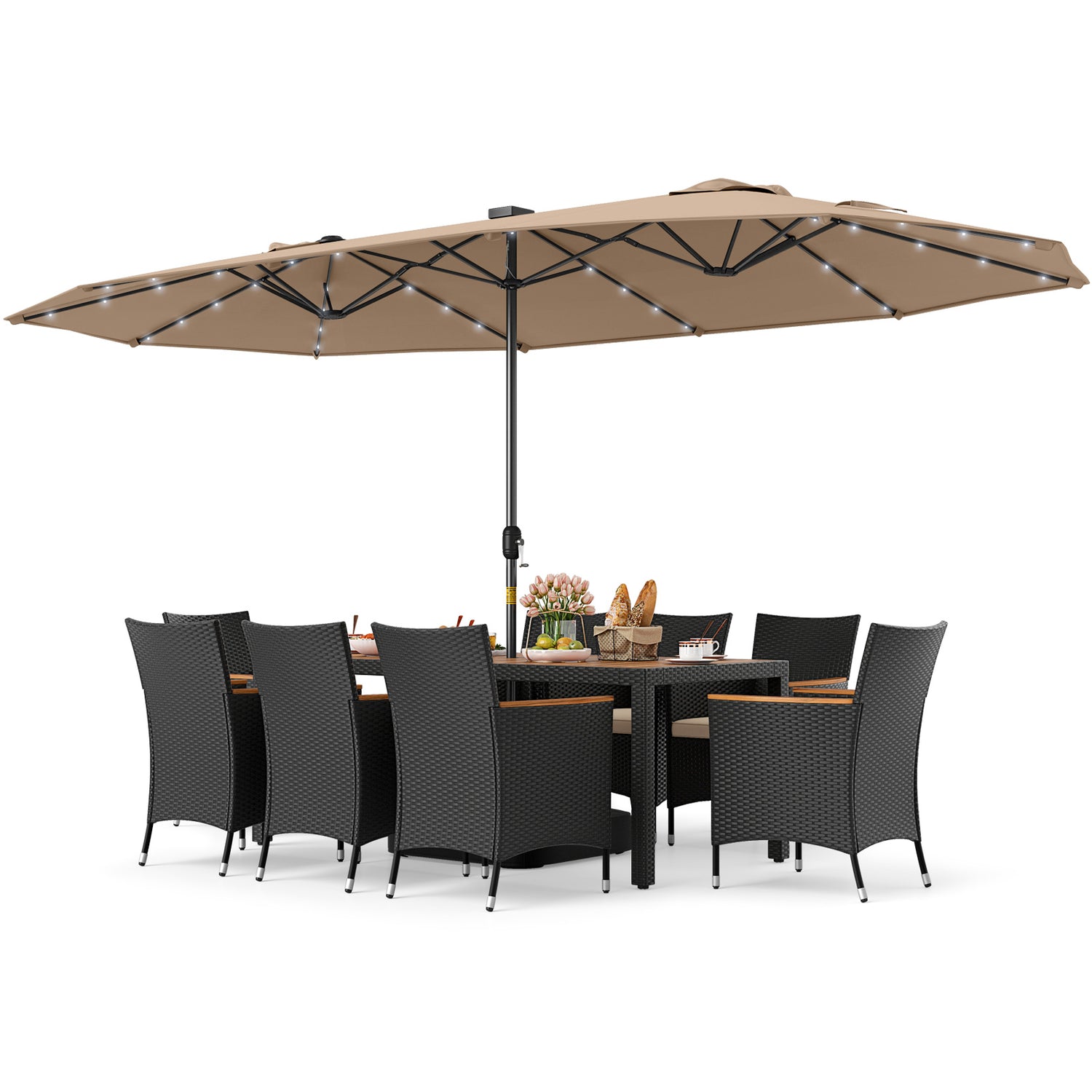 11 Pieces Patio Dining Set with LED Patio Umbrella with Base and Seat Cushions (Beige)