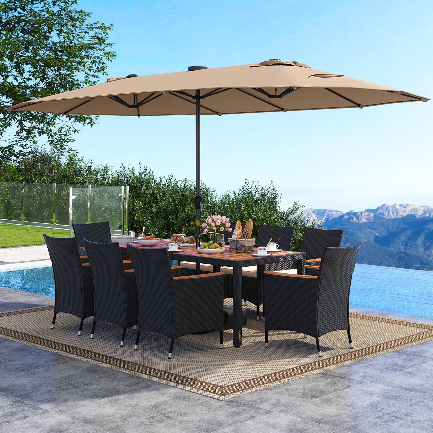 11 Pieces Patio Dining Set with LED Patio Umbrella with Base and Seat Cushions (Beige)