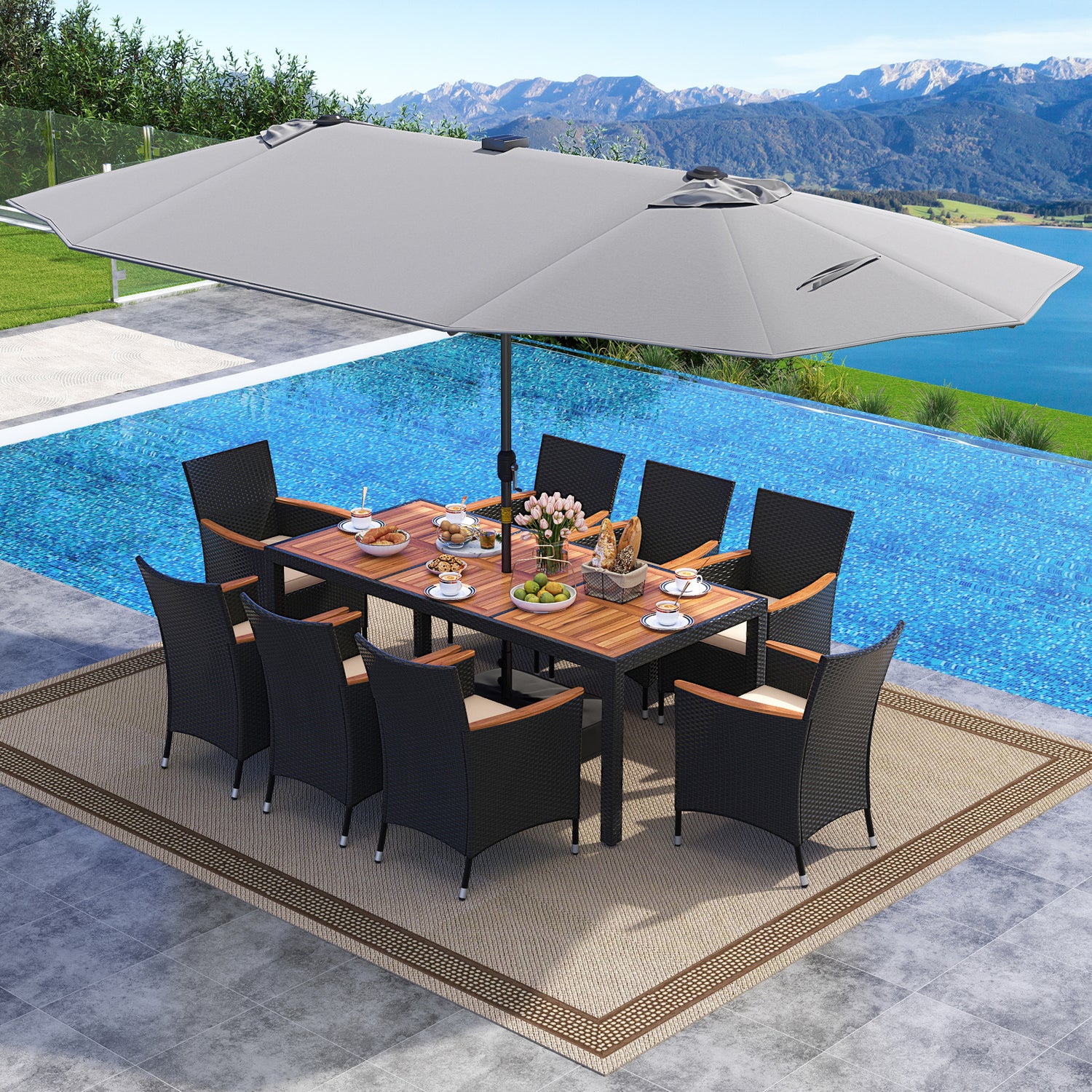 11 Pieces Patio Dining Set with LED Patio Umbrella with Base and Seat Cushions (Beige)