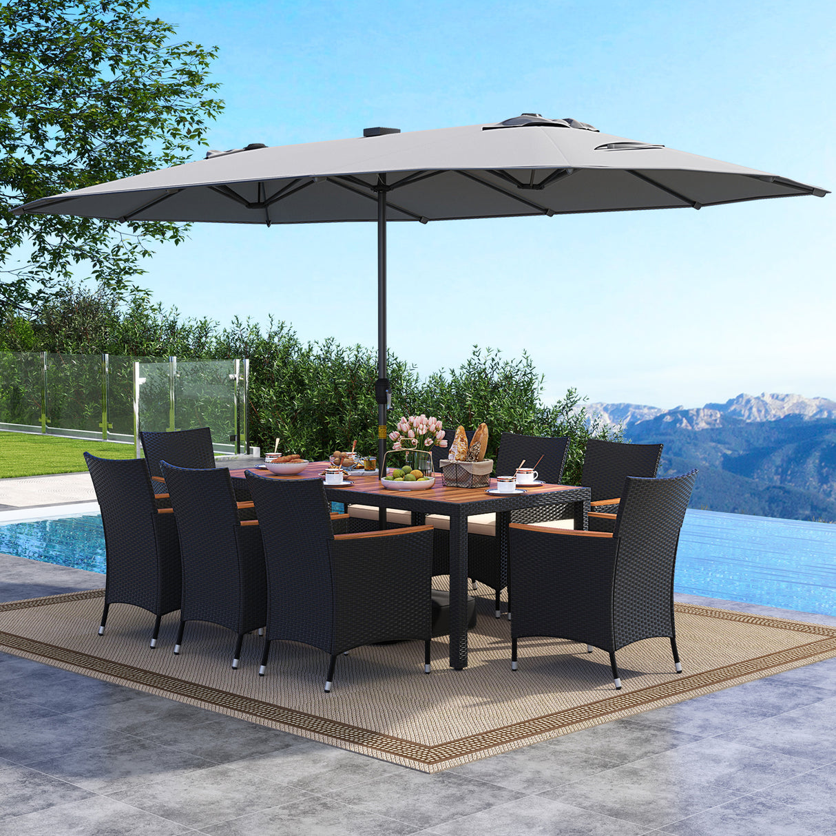 11 Pieces Patio Dining Set with LED Patio Umbrella with Base and Seat Cushions (Beige)
