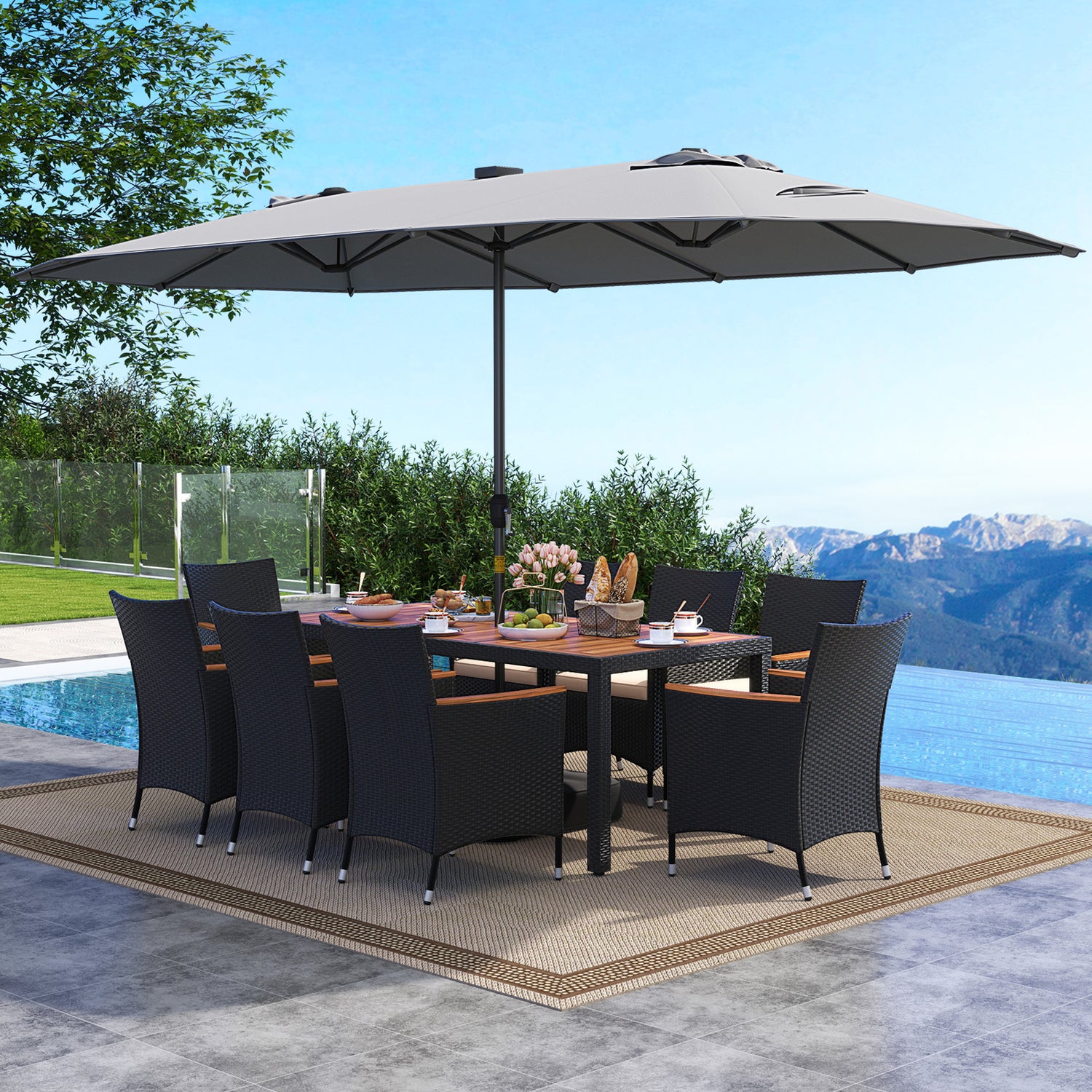 11 Pieces Patio Dining Set with LED Patio Umbrella with Base and Seat Cushions (Beige)
