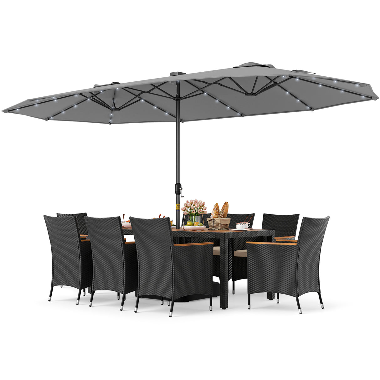 11 Pieces Patio Dining Set with LED Patio Umbrella with Base and Seat Cushions (Beige)
