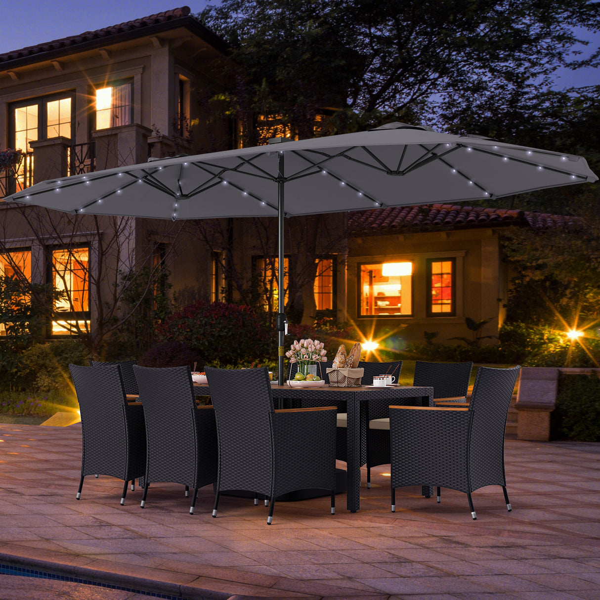 11 Pieces Patio Dining Set with LED Patio Umbrella with Base and Seat Cushions (Beige)