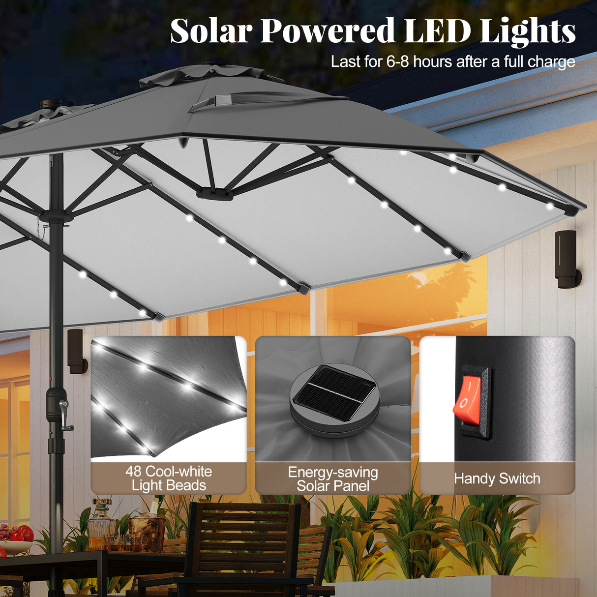 11 Pieces Patio Dining Set with LED Patio Umbrella with Base and Seat Cushions (Beige)