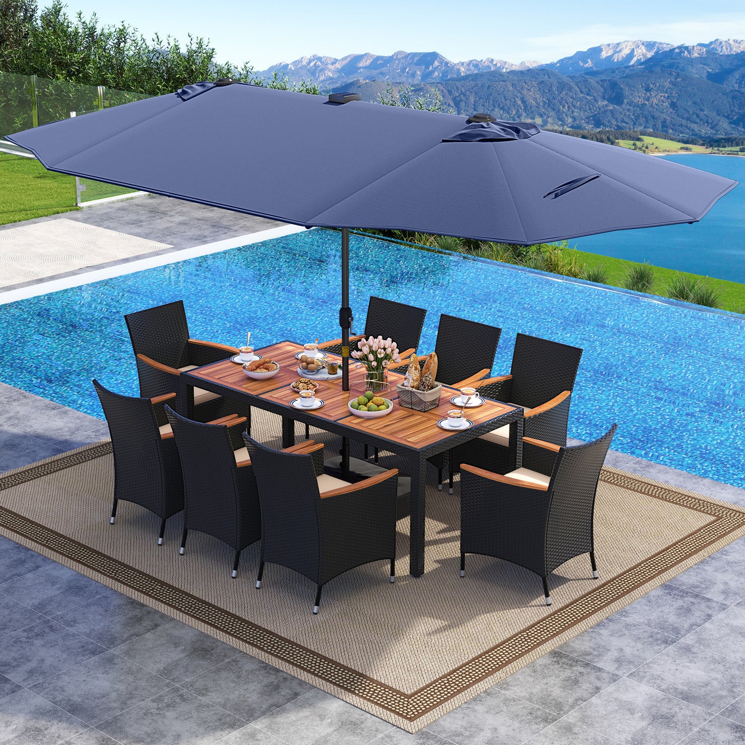 11 Pieces Patio Dining Set with LED Patio Umbrella with Base and Seat Cushions (Beige)