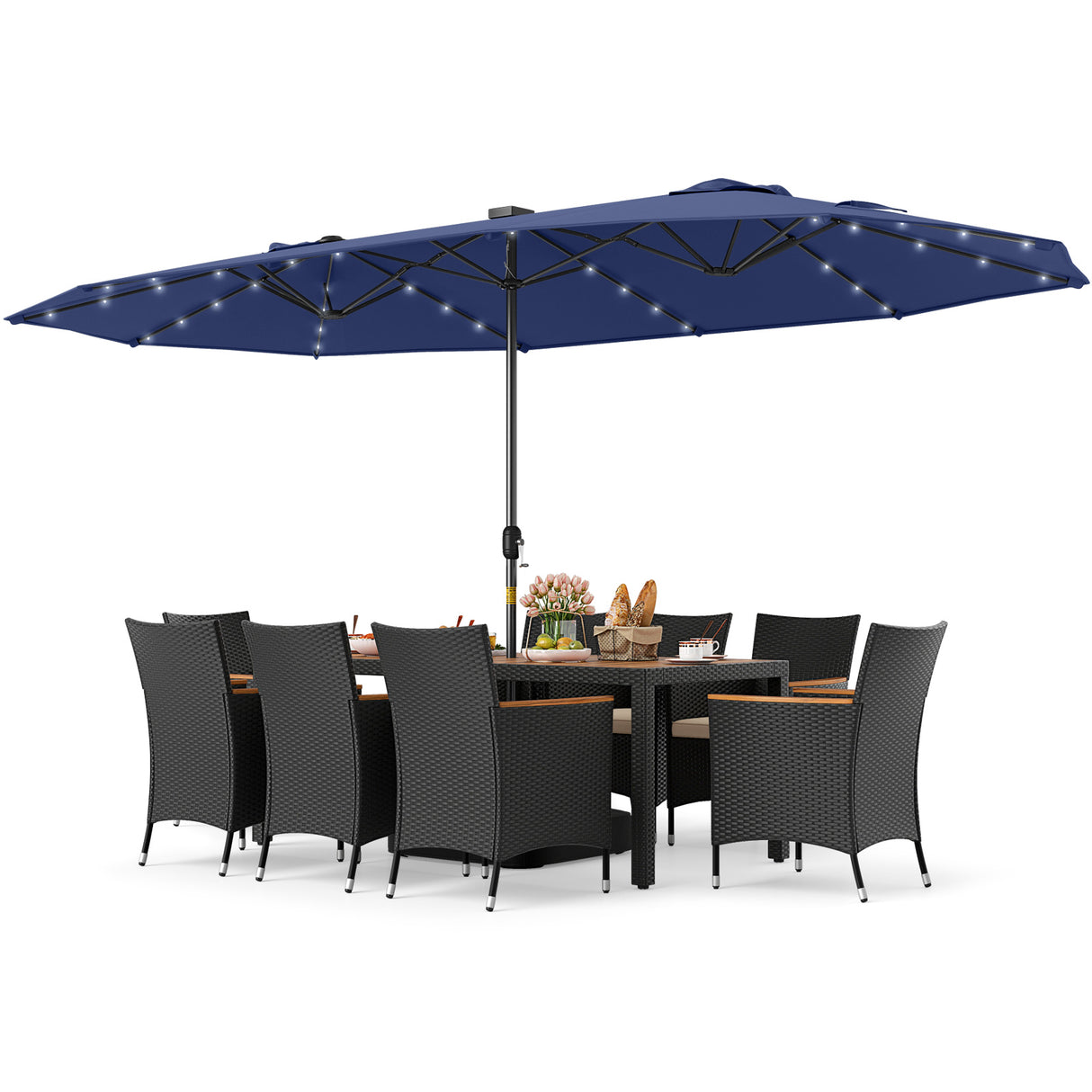 11 Pieces Patio Dining Set with LED Patio Umbrella with Base and Seat Cushions (Beige)