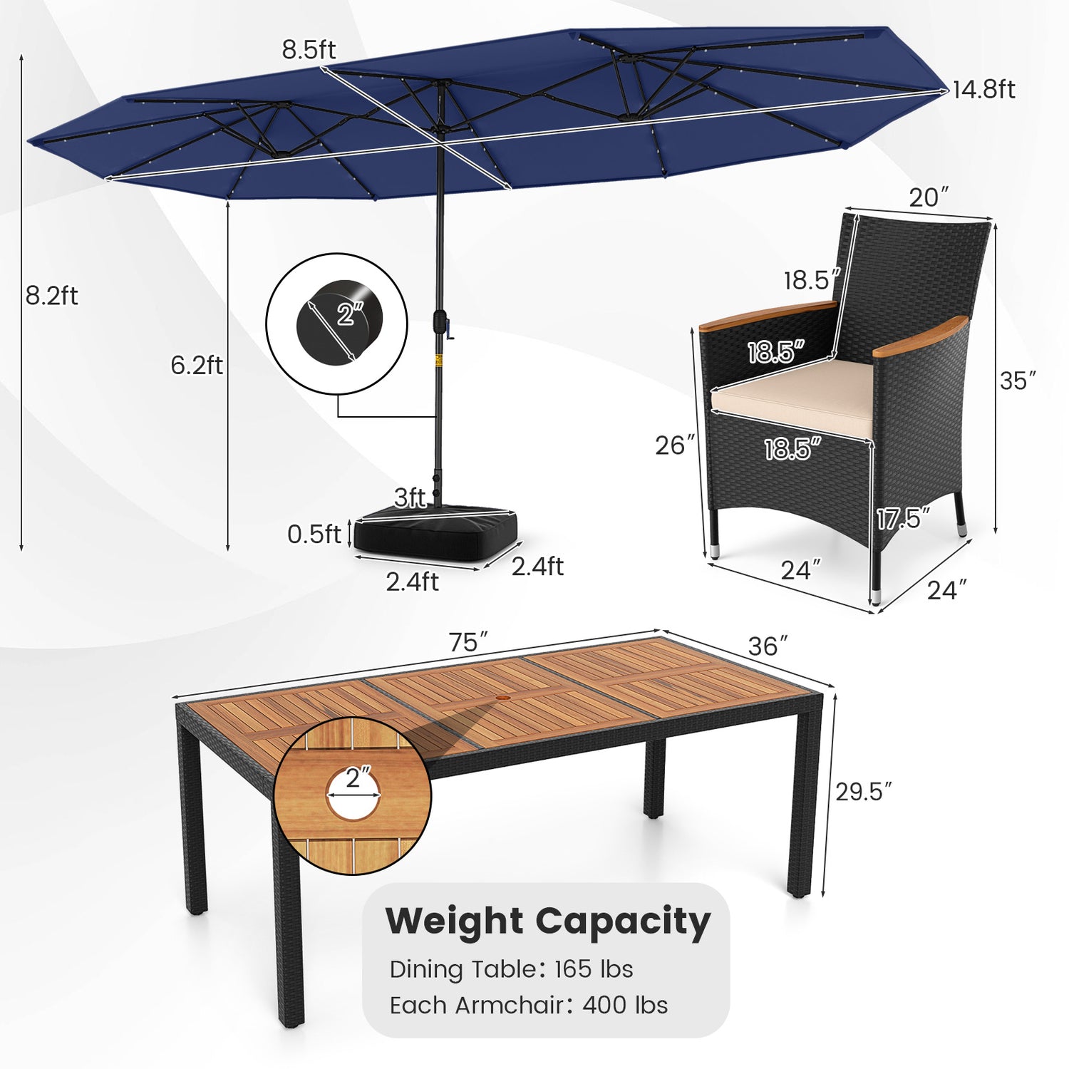 11 Pieces Patio Dining Set with LED Patio Umbrella with Base and Seat Cushions (Beige)