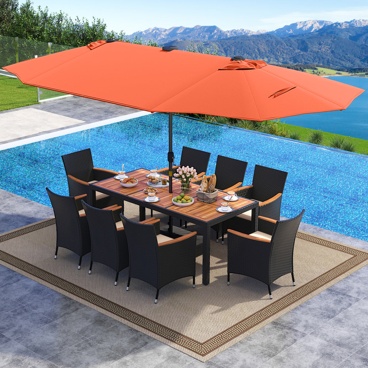 11 Pieces Patio Dining Set with LED Patio Umbrella with Base and Seat Cushions (Beige)