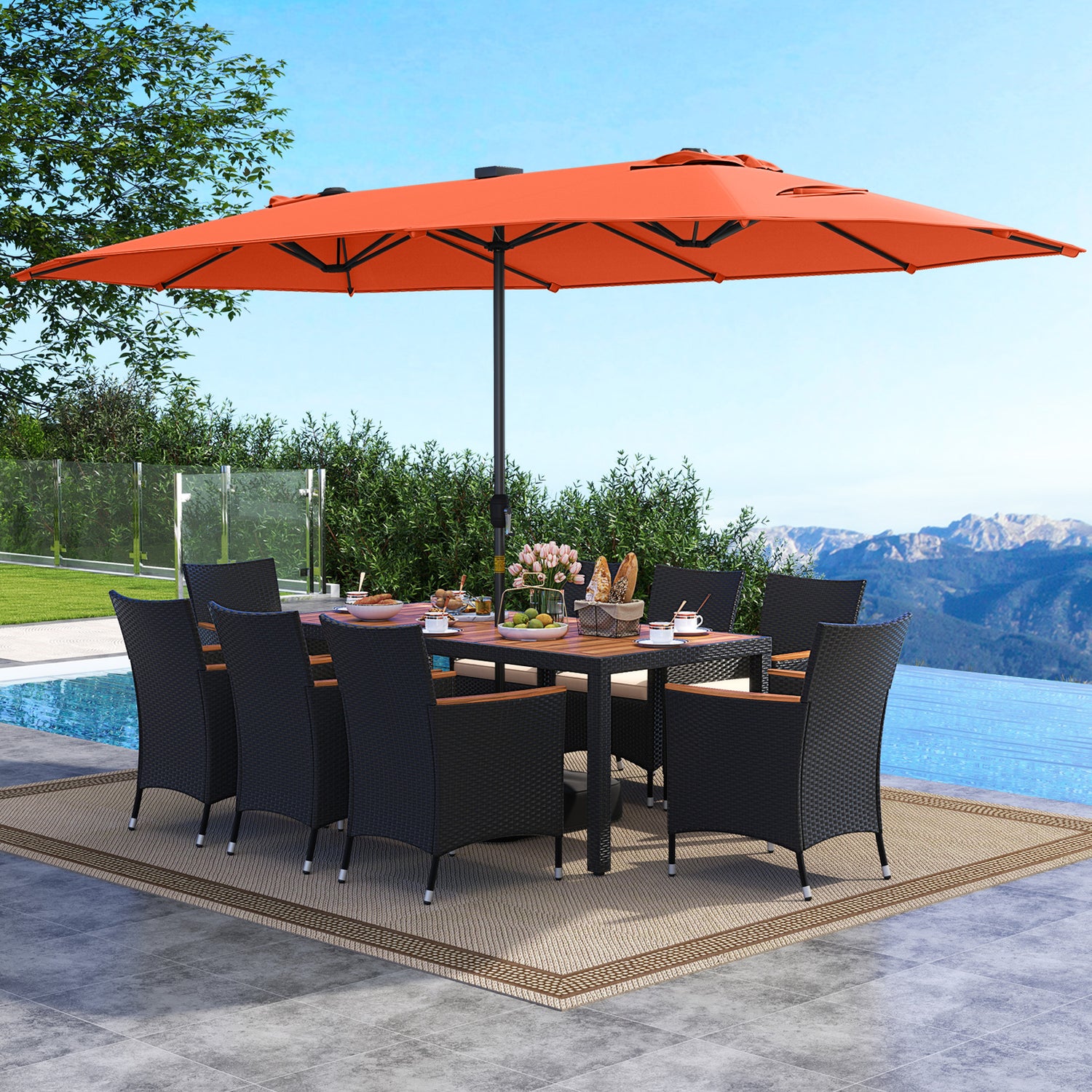 11 Pieces Patio Dining Set with LED Patio Umbrella with Base and Seat Cushions (Beige)