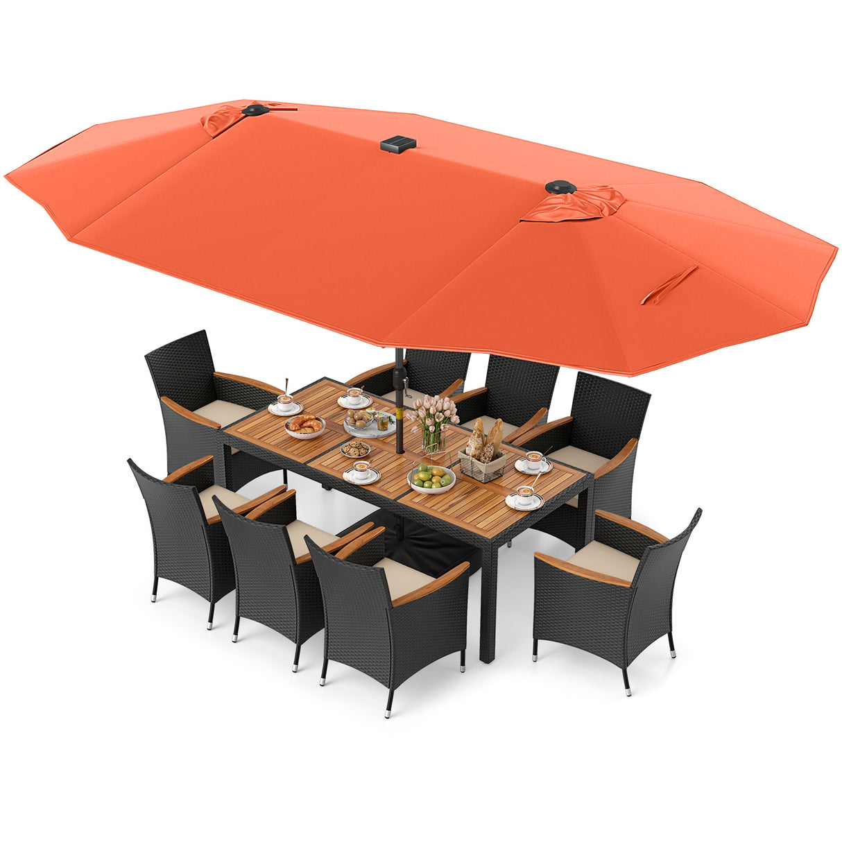 11 Pieces Patio Dining Set with LED Patio Umbrella with Base and Seat Cushions (Beige)