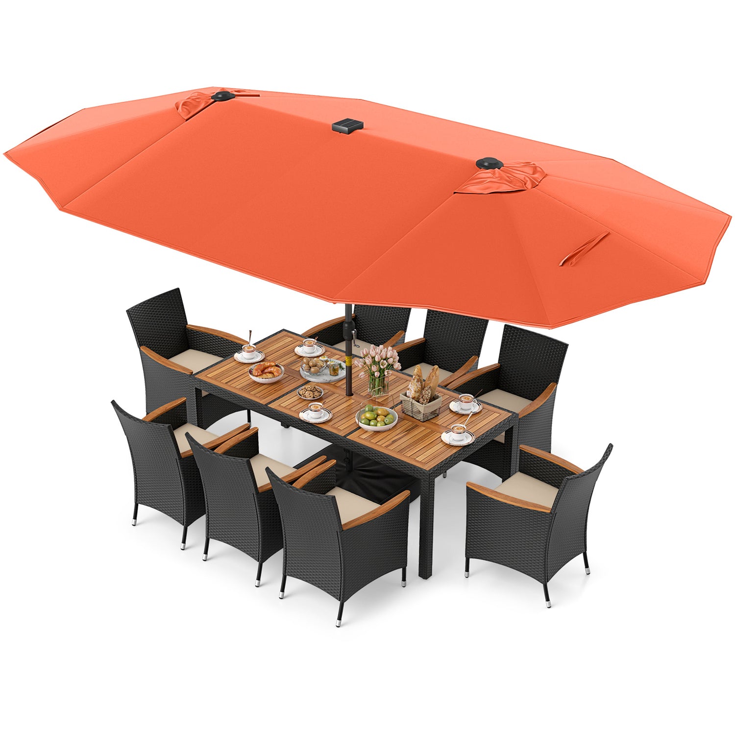11 Pieces Patio Dining Set with LED Patio Umbrella with Base and Seat Cushions (Beige)