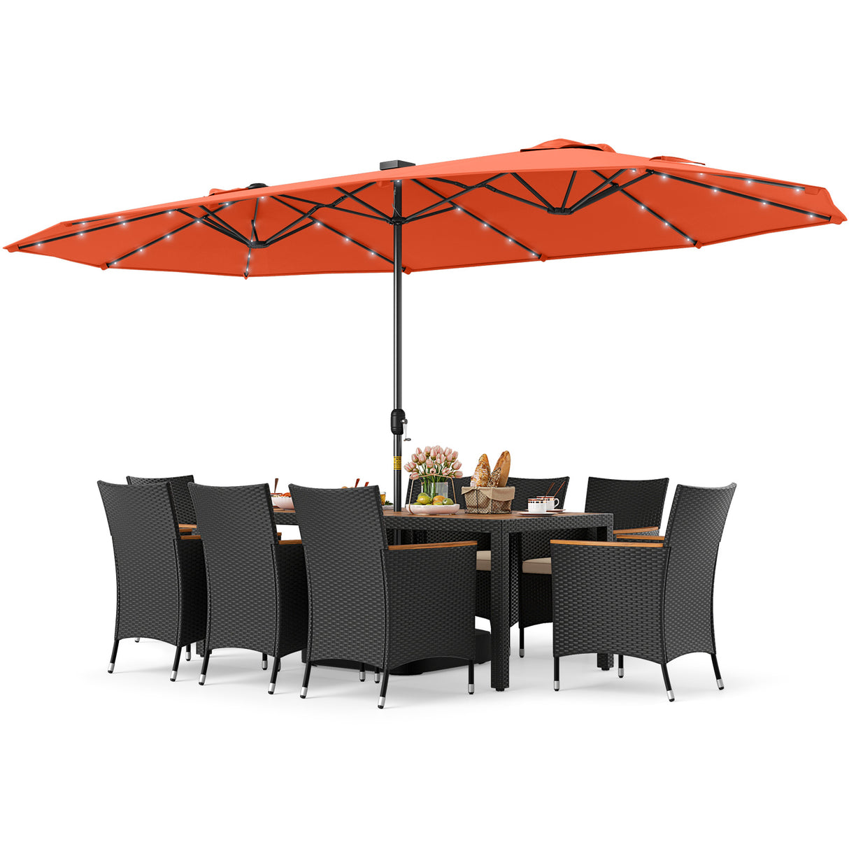 11 Pieces Patio Dining Set with LED Patio Umbrella with Base and Seat Cushions (Beige)