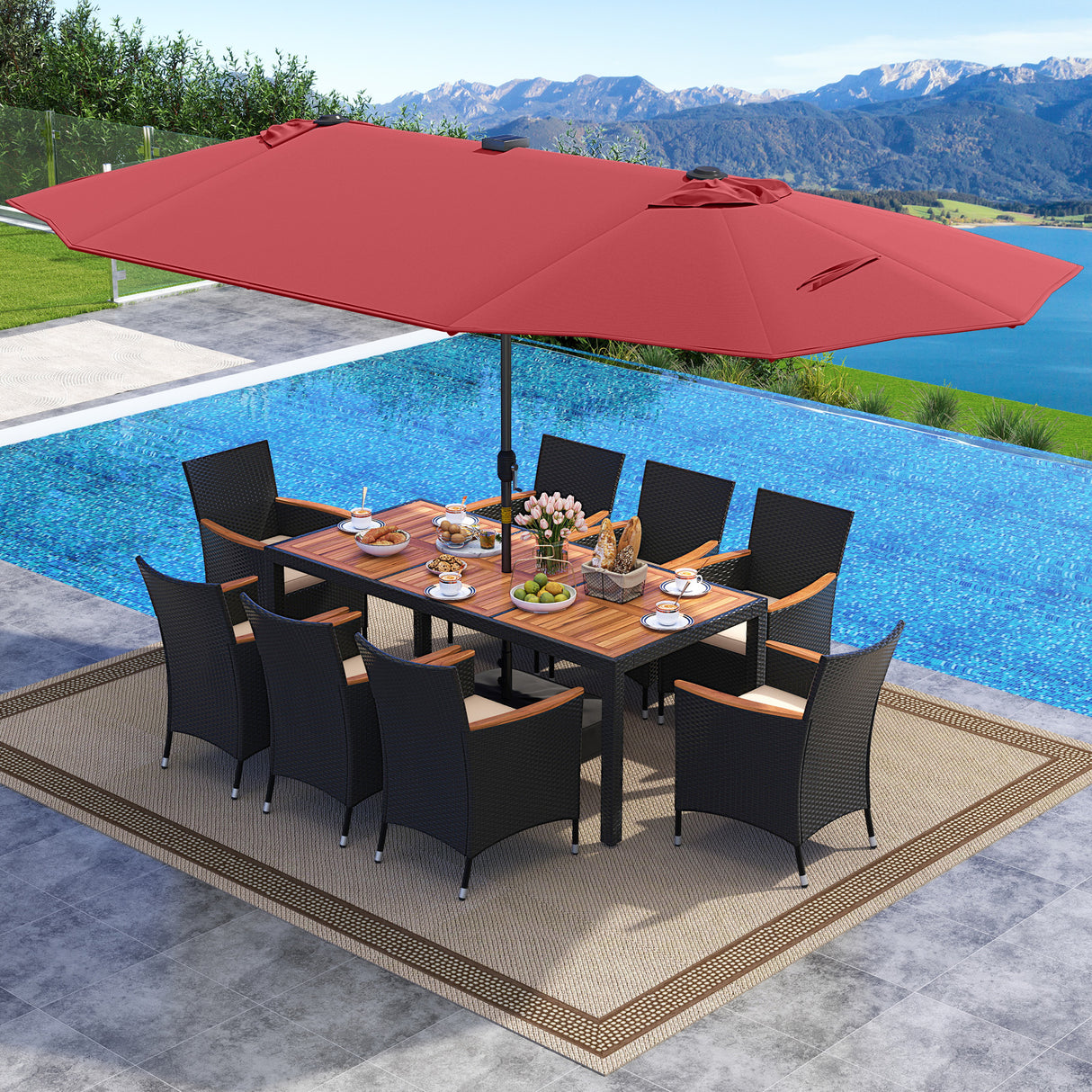 11 Pieces Patio Dining Set with LED Patio Umbrella with Base and Seat Cushions (Beige)