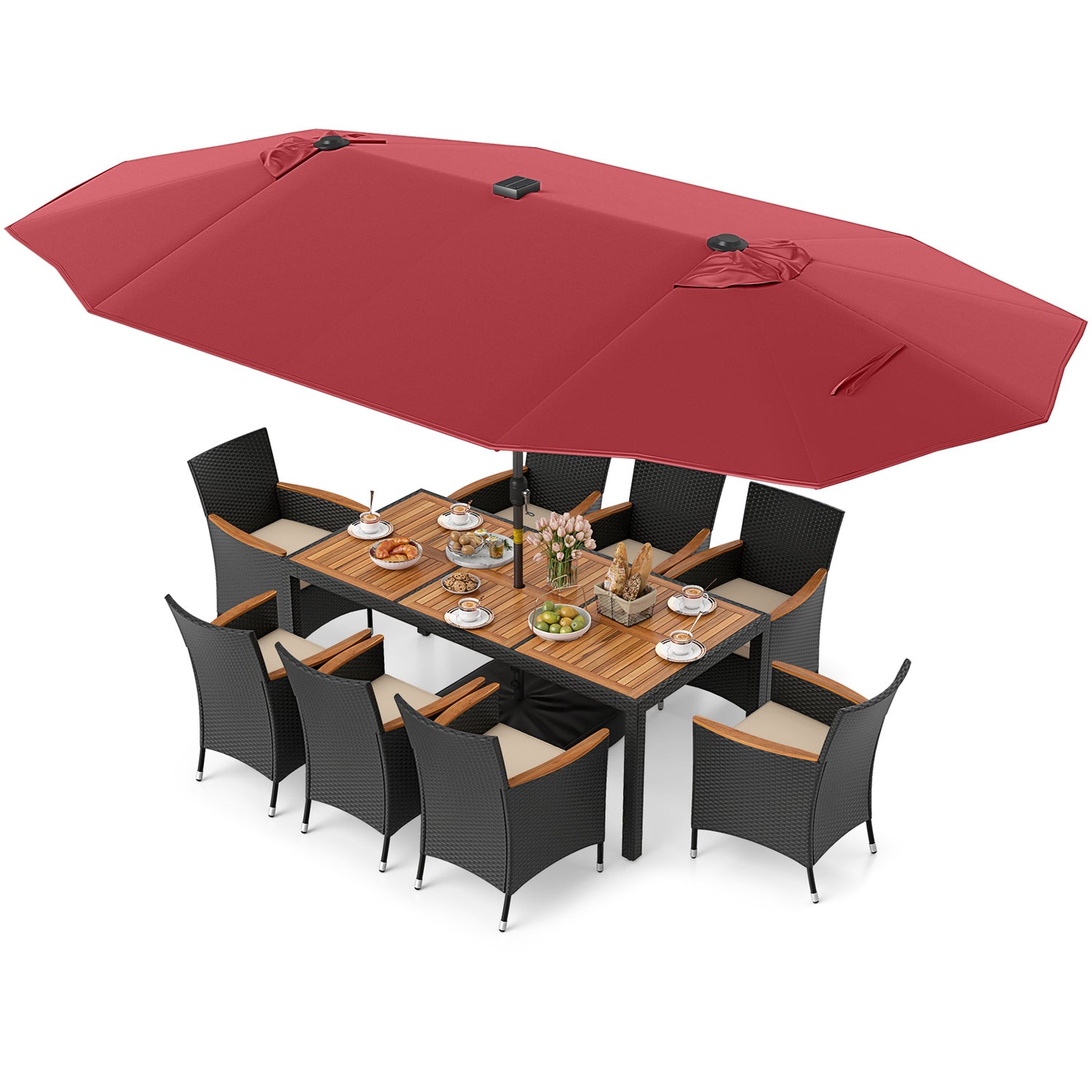 11 Pieces Patio Dining Set with LED Patio Umbrella with Base and Seat Cushions (Beige)
