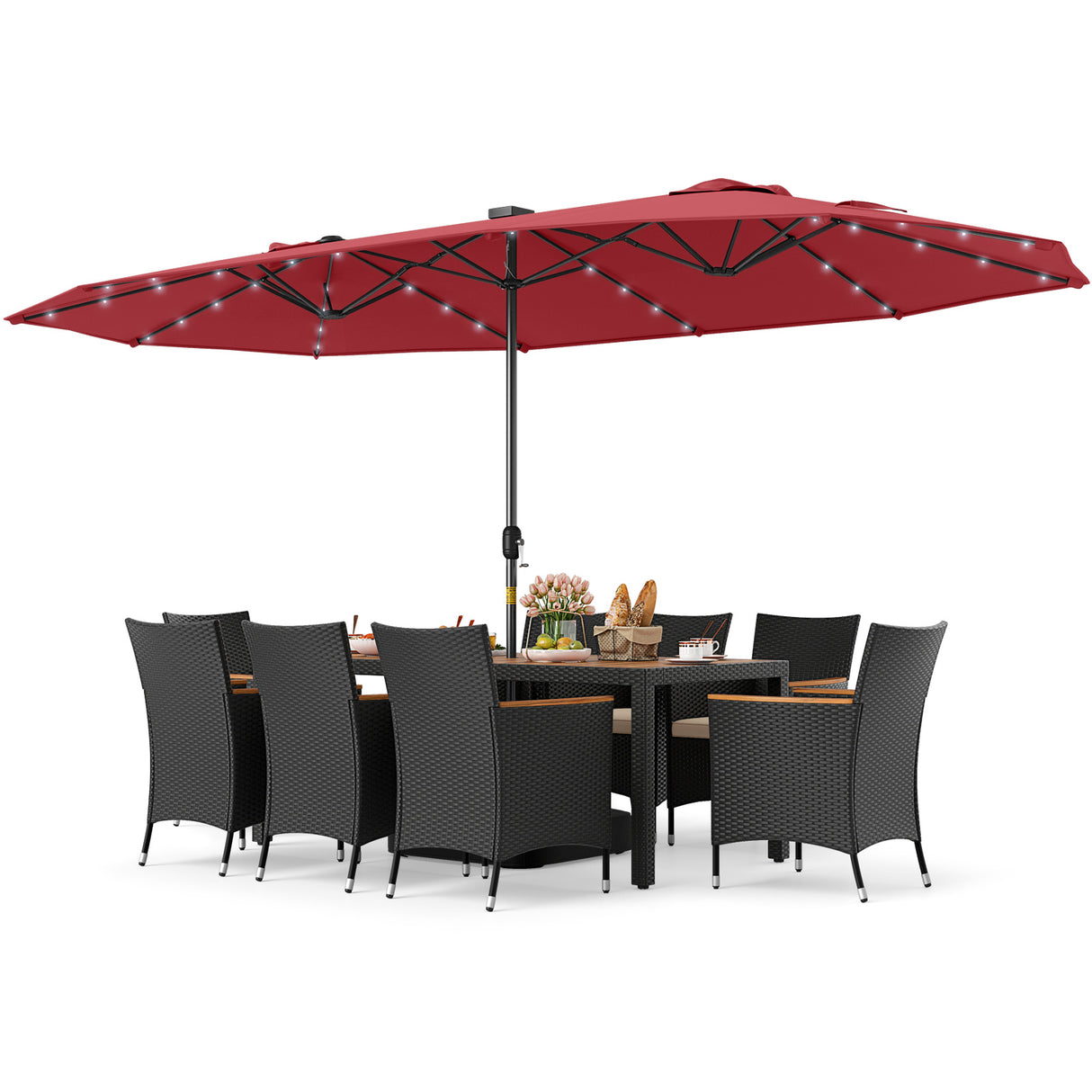 11 Pieces Patio Dining Set with LED Patio Umbrella with Base and Seat Cushions (Beige)