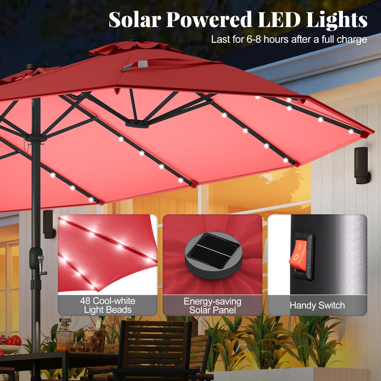 11 Pieces Patio Dining Set with LED Patio Umbrella with Base and Seat Cushions (Beige)