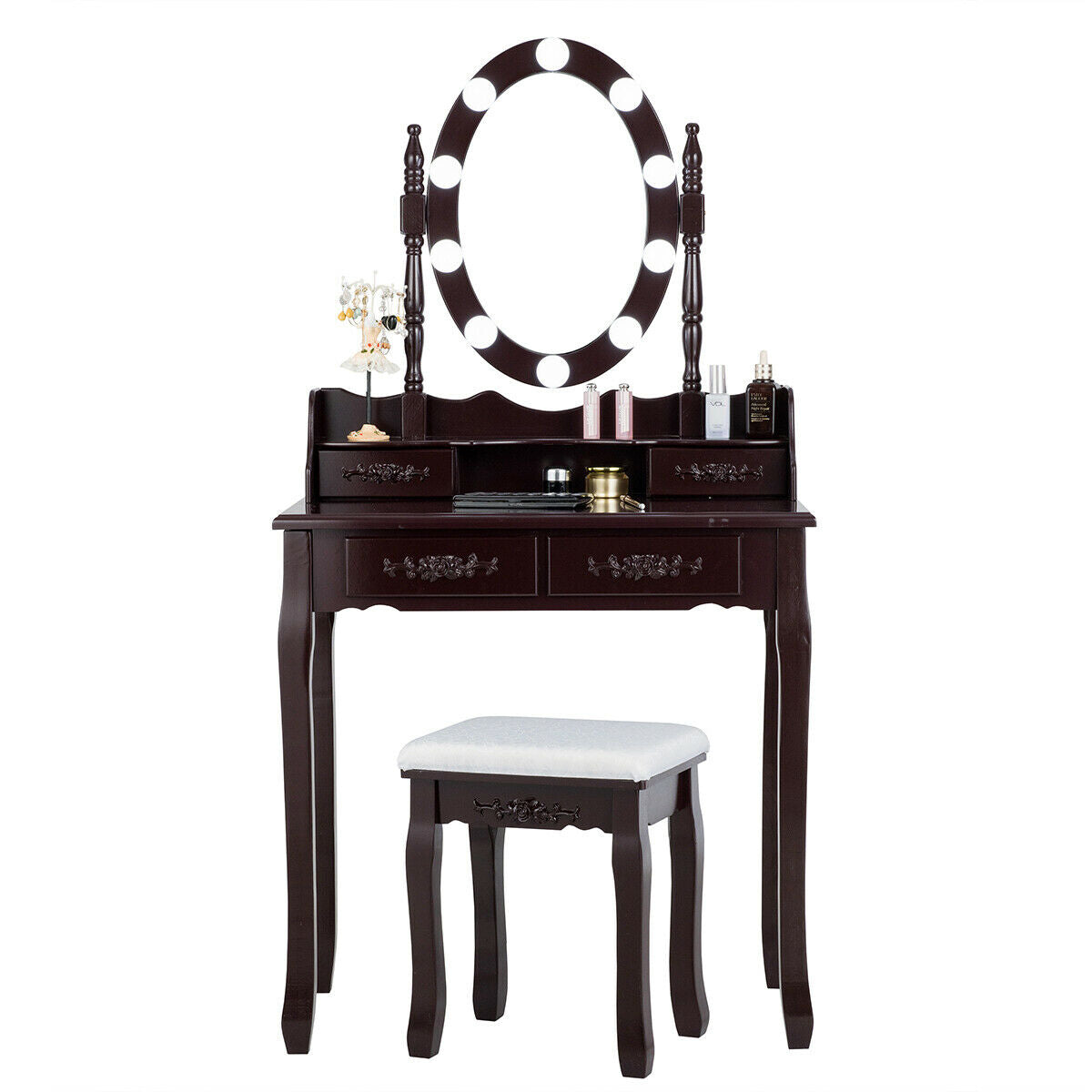 Makeup Dressing Table with Touch Switch Lighted Mirror and Cushioned Stool