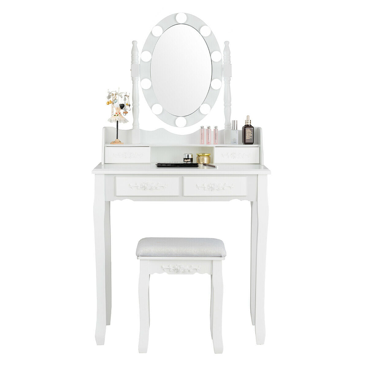 Makeup Dressing Table with Touch Switch Lighted Mirror and Cushioned Stool