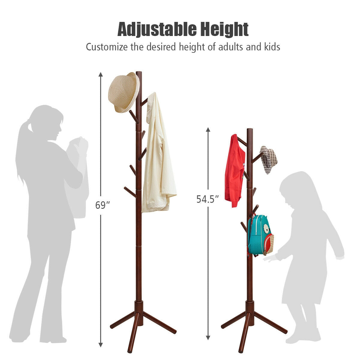 2 Heights Wooden Coat Rack with 8 Hooks