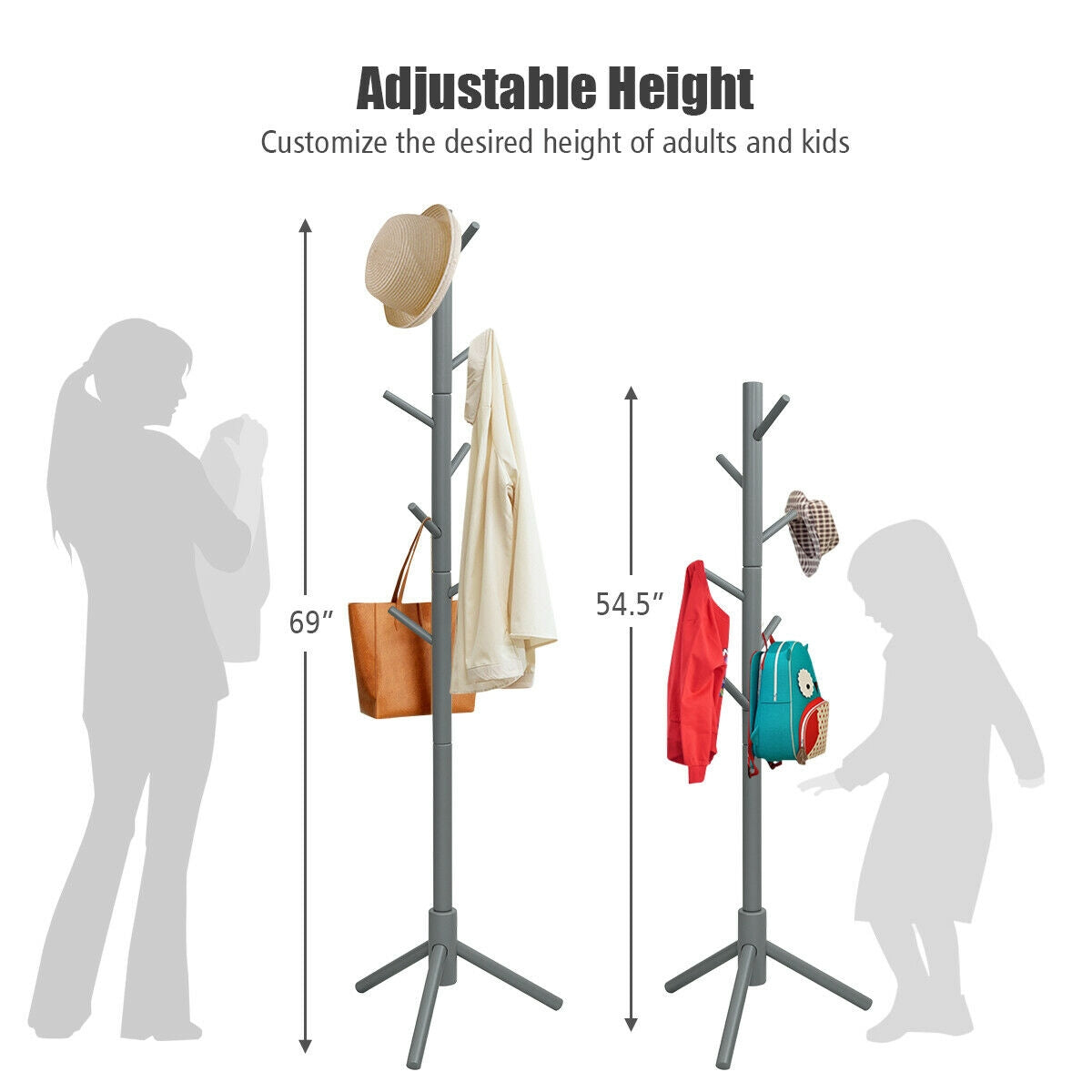 2 Heights Wooden Coat Rack with 8 Hooks
