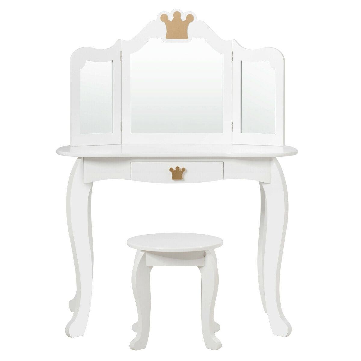 Kids Makeup Dressing Table with Tri-folding Mirror and Stool