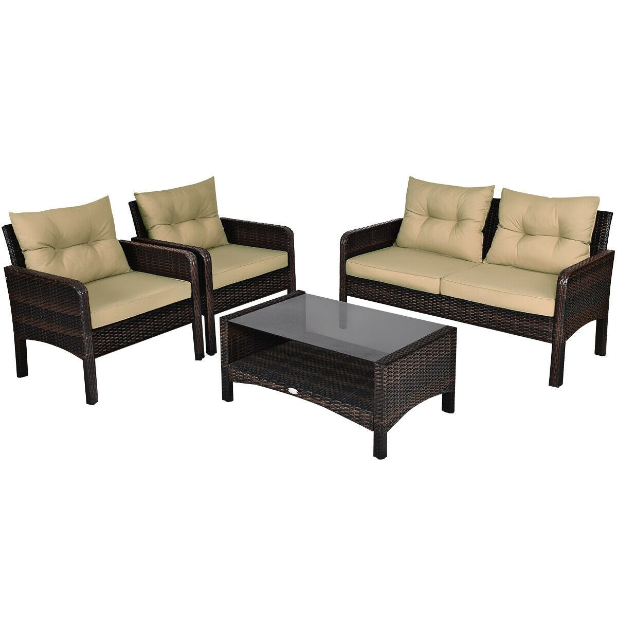 4 Pieces Outdoor Rattan Wicker Loveseat Furniture Set with Cushions-Coffee