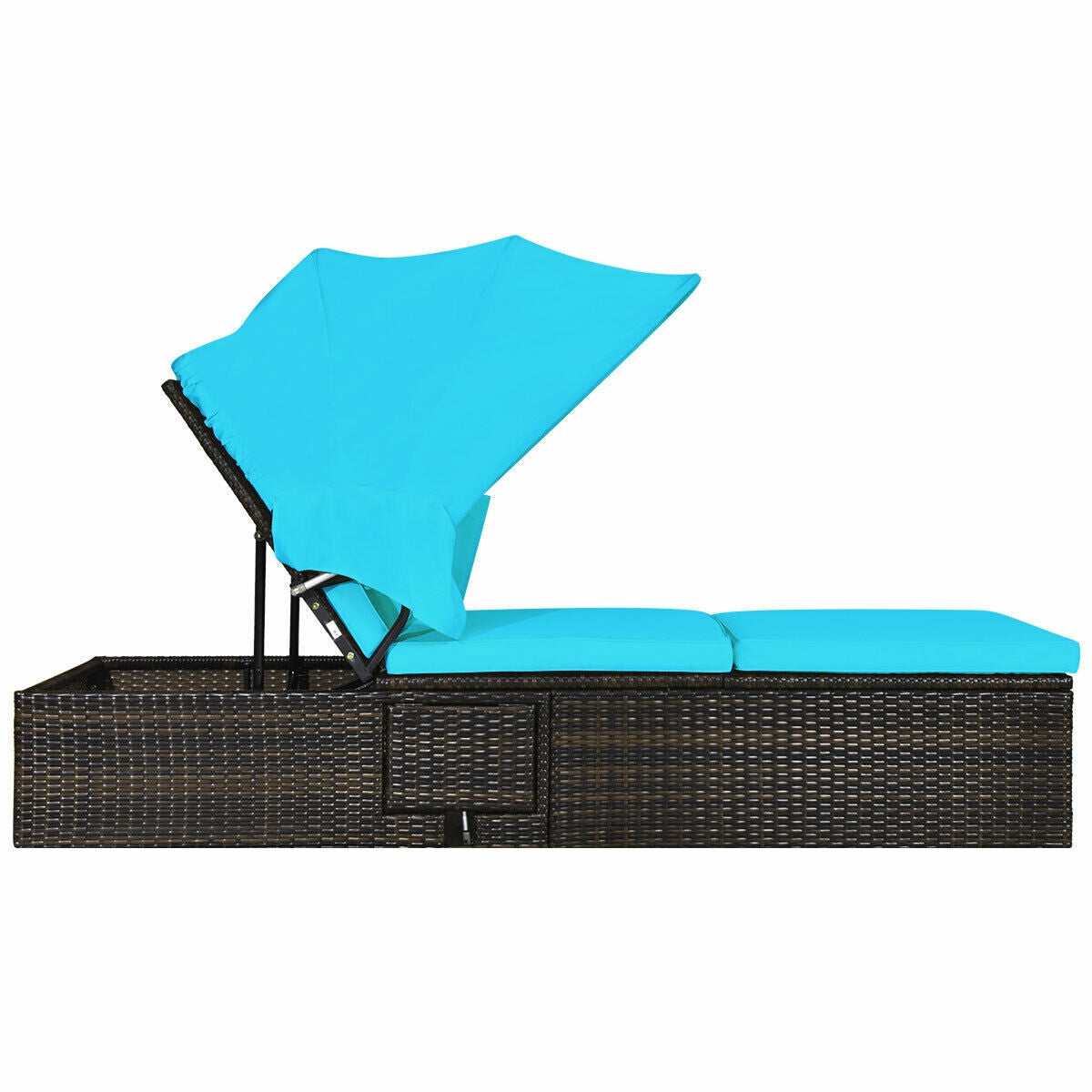 Chaise Cushioned Top Canopy Patio Rattan Lounge Chair with Tea Table