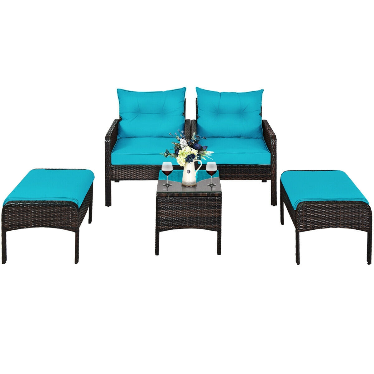 5 Pieces Patio Rattan Sofa Ottoman Furniture Set with Cushions