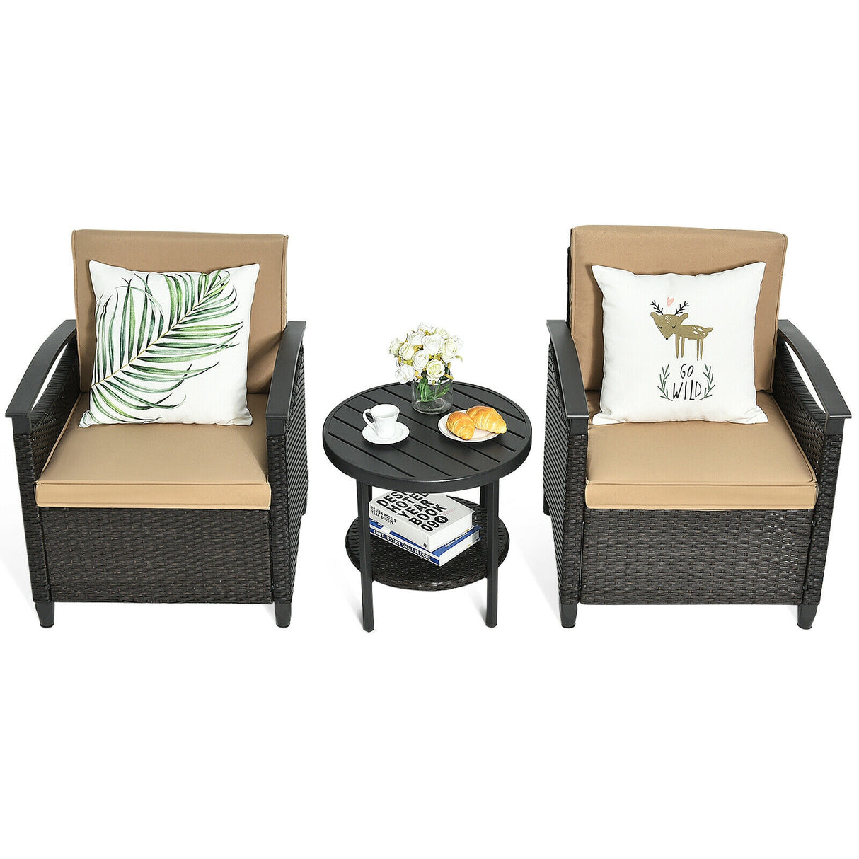 3 Pieces Patio Rattan Furniture Set Cushioned Sofa Storage Table with Shelf Garden