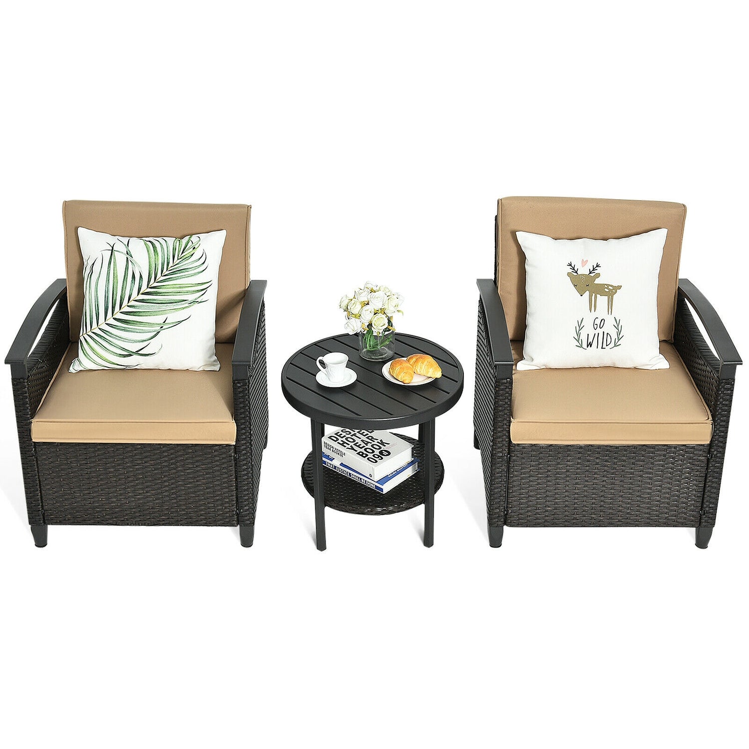 3 Pieces Patio Rattan Furniture Set Cushioned Sofa Storage Table with Shelf Garden